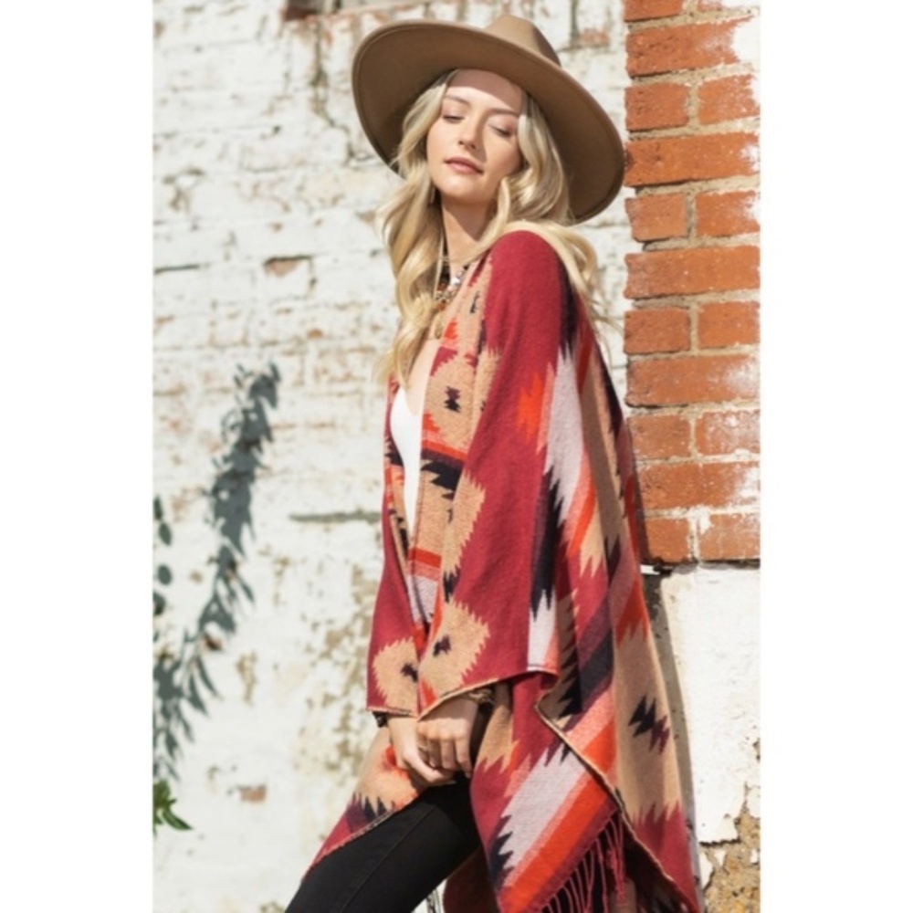 Red Rock Western Ethnic Oversized Knit Ruana Fringe Wrap Open Poncho Fall Casual - Picture 3 of 7